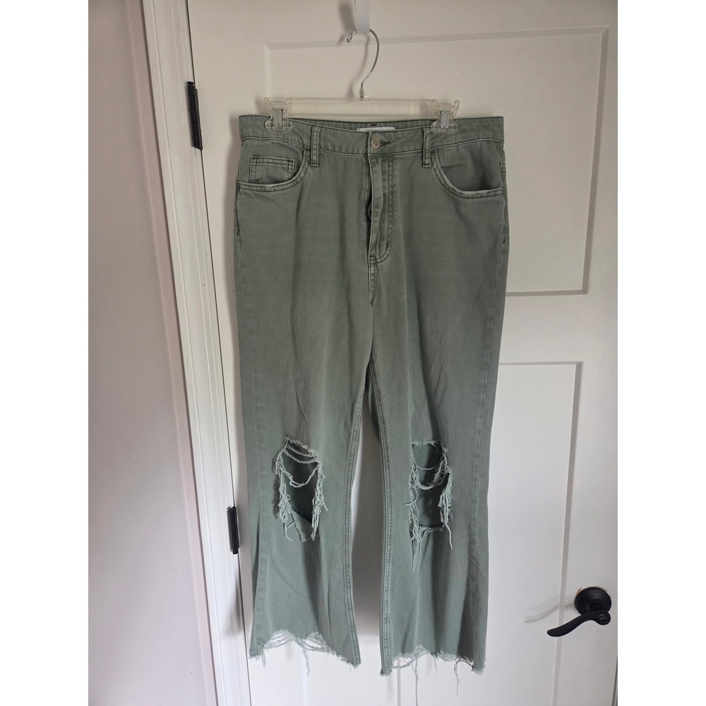 Vervet Sage Green Distressed Wide Leg Jeans Ripped Raw Hem V2738 Size 30